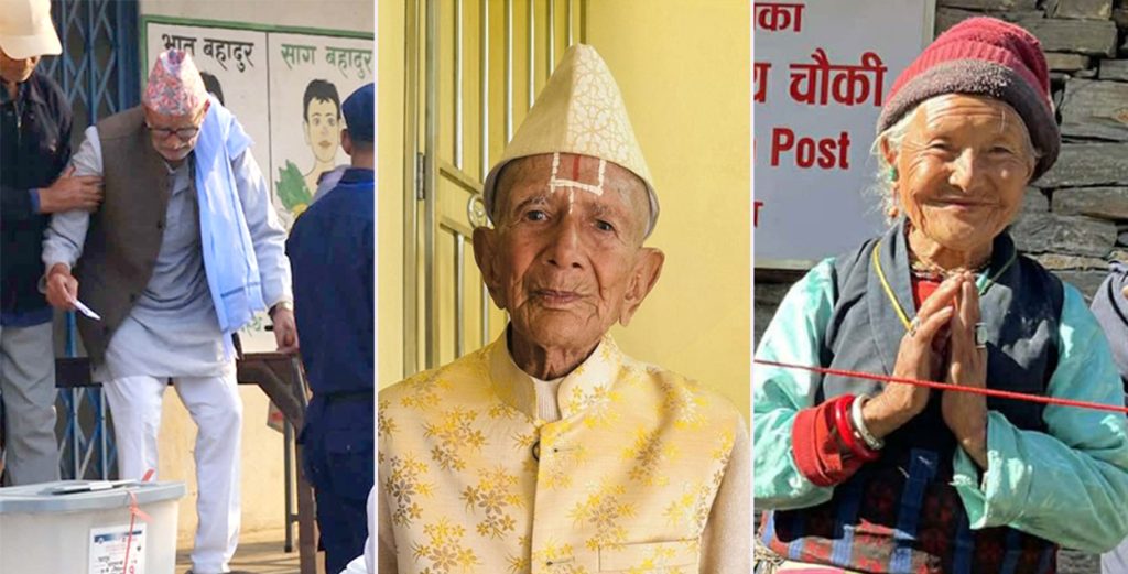 लठ्ठी टेक्दै मतदान केन्द्रसम्मः सन्ततिको भविष्यका लागि शताब्दी पार गरेकाहरूले गरे मतदान